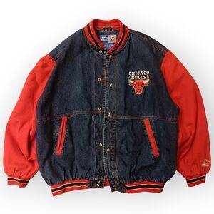 90s STARTER Denim and Red Chicago Bulls NBA Varsity Jacket XXL